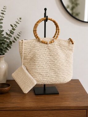 Vintage 90s Carlo D'Santi Cream Crochet Bamboo Handle Tote Bag Coastal Boho